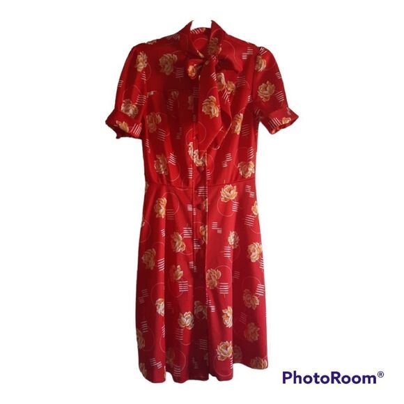 Vintage 70s Pussybow Floral Shirt Dress - Picture 1 of 6